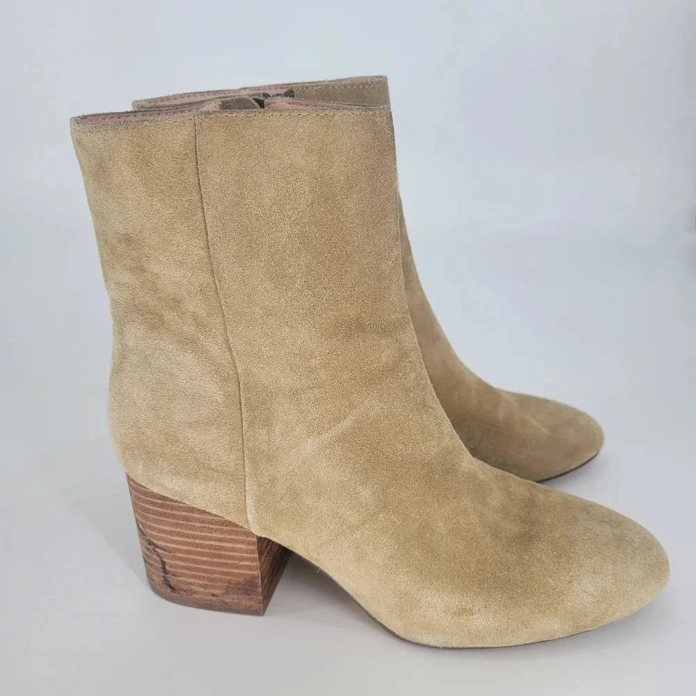 J.Crew Sadie Tan Suede round toe stacked Heeled Ankle Booties boots 8.5